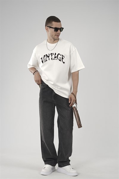 Vıntage Yazılı Bisiklet Yaka Oversize Kalıp Erkek Tişört