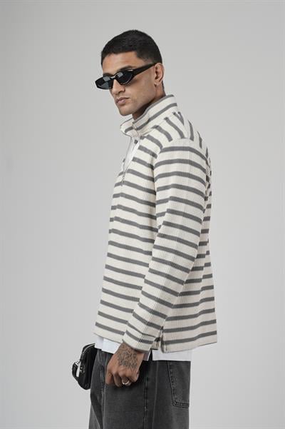Yarım Fermuarlı Çizgili Regular Kalıp Jakarlı Sweatshirt