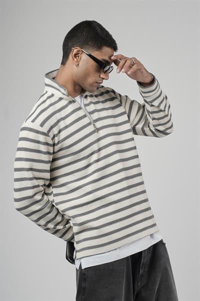 Yarım Fermuarlı Çizgili Regular Kalıp Jakarlı Sweatshirt