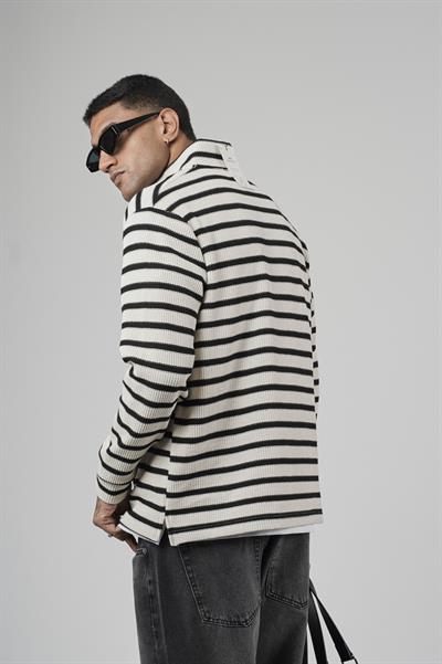Yarım Fermuarlı Çizgili Regular Kalıp Jakarlı Sweatshirt