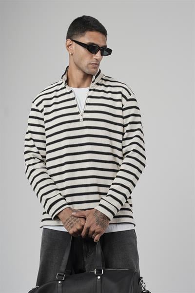 Yarım Fermuarlı Çizgili Regular Kalıp Jakarlı Sweatshirt