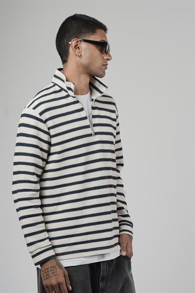 Yarım Fermuarlı Çizgili Regular Kalıp Jakarlı Sweatshirt