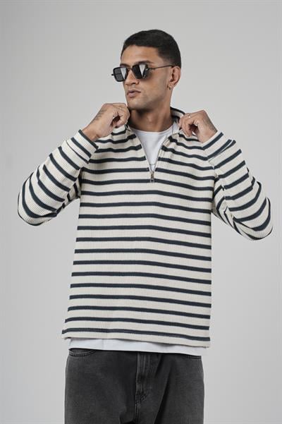 Yarım Fermuarlı Çizgili Regular Kalıp Jakarlı Sweatshirt