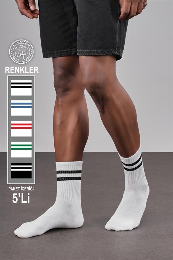5'li Unisex Şeritli Sporcu Çorap