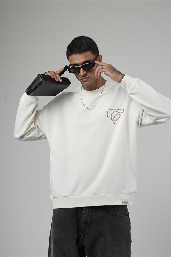 Bisiklet Yaka Baskılı Nakış Detaylı Erkek Sweatshirt