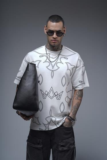 Bisiklet Yaka Desenli Oversize Kalıp Unisex Tişört
