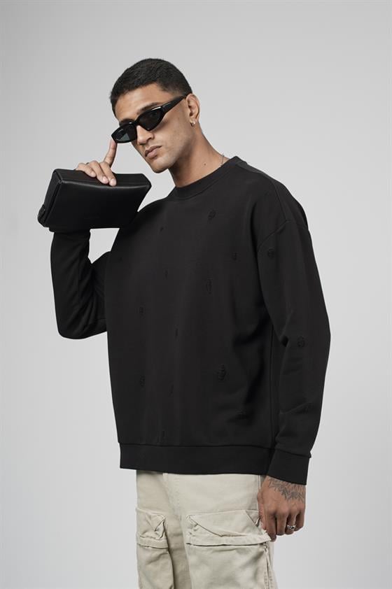 Bisiklet Yaka Lazerli Oversize Kalıp Erkek Sweatshirt