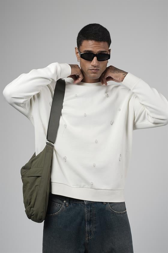 Bisiklet Yaka Lazerli Oversize Kalıp Erkek Sweatshirt