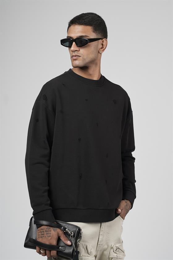 Bisiklet Yaka Lazerli Oversize Kalıp Erkek Sweatshirt