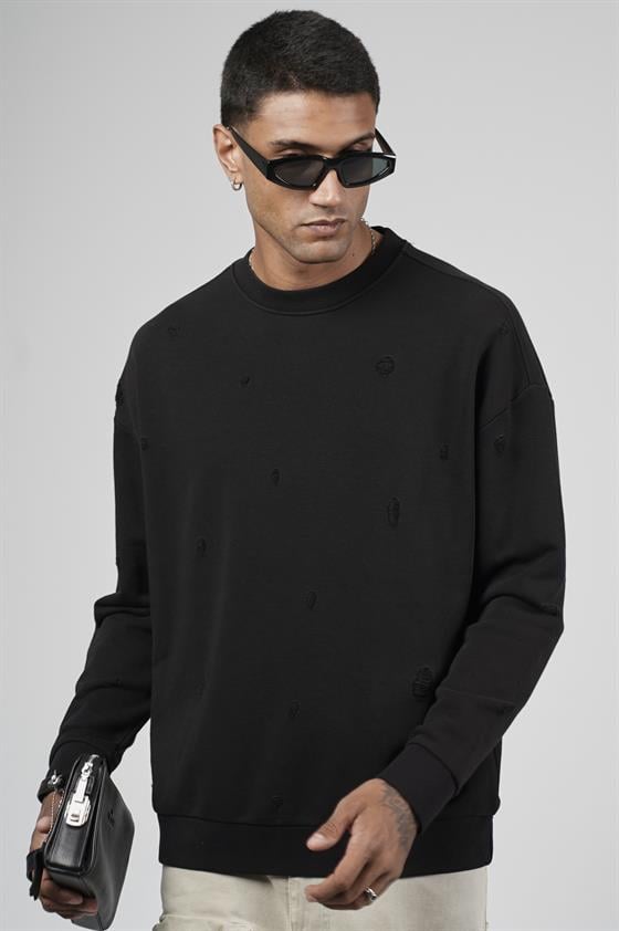 Bisiklet Yaka Lazerli Oversize Kalıp Erkek Sweatshirt