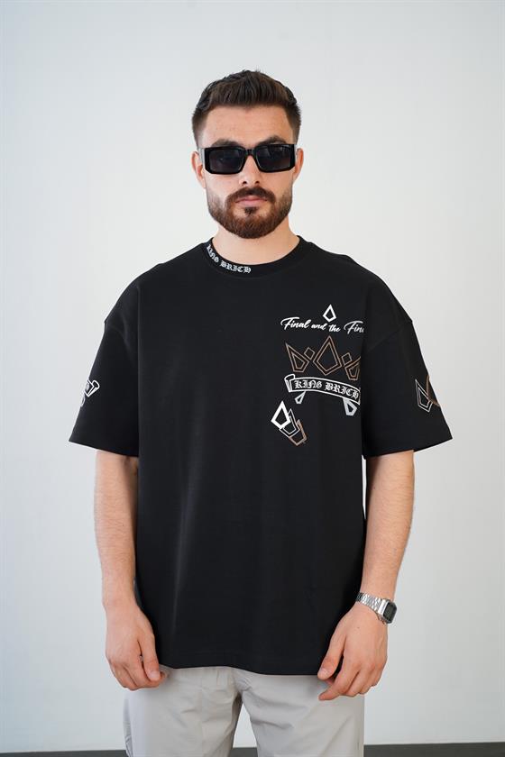 Bisiklet Yaka Logo Baskılı Nakışlı Double Face Oversize Kesim Erkek Tişört