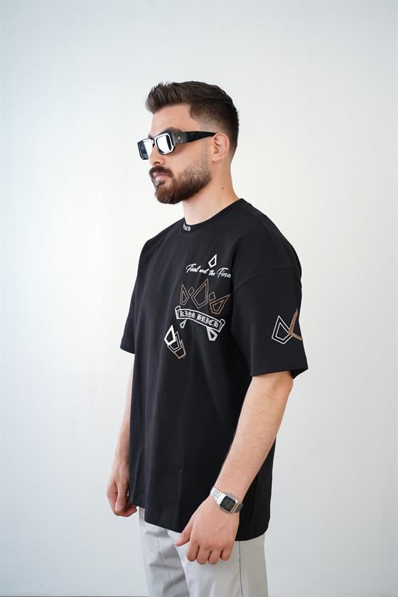 Bisiklet Yaka Logo Baskılı Nakışlı Double Face Oversize Kesim Erkek Tişört