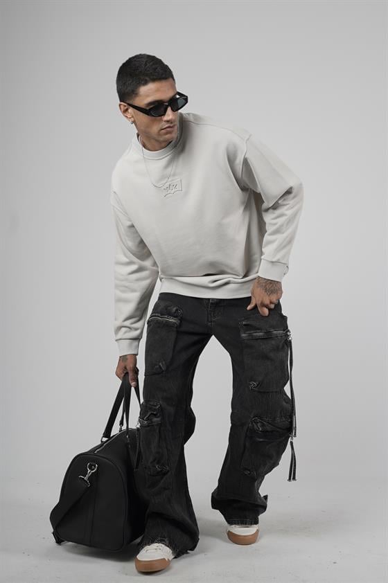 Bisiklet Yaka Logolu Oversize Kalıp Erkek Sweatshirt