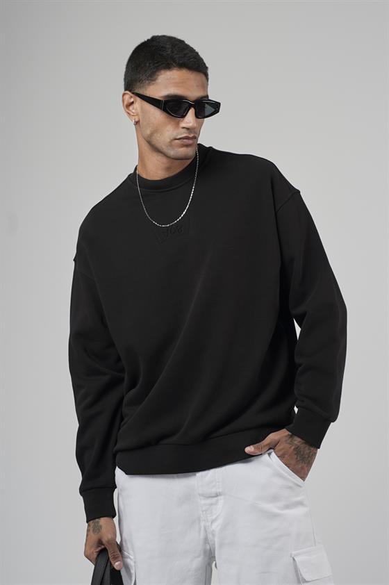 Bisiklet Yaka Logolu Oversize Kalıp Erkek Sweatshirt