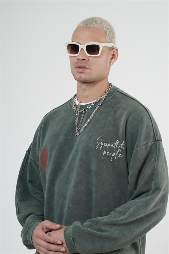 Bisiklet Yaka Ön ve Arka Basılı Yıkamalı Oversize Kalıp Unisex Sweatshirt