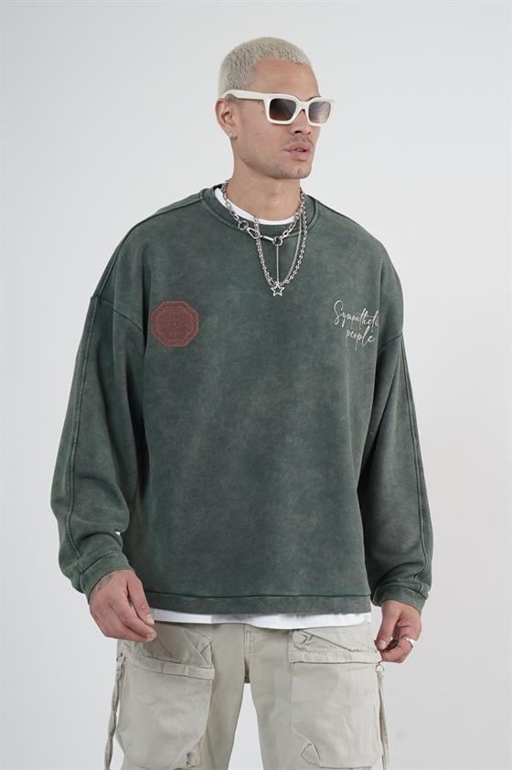 Bisiklet Yaka Ön ve Arka Basılı Yıkamalı Oversize Kalıp Unisex Sweatshirt