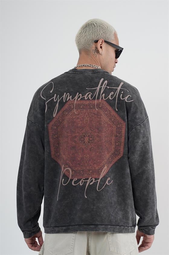 Bisiklet Yaka Ön ve Arka Basılı Yıkamalı Oversize Kalıp Unisex Sweatshirt