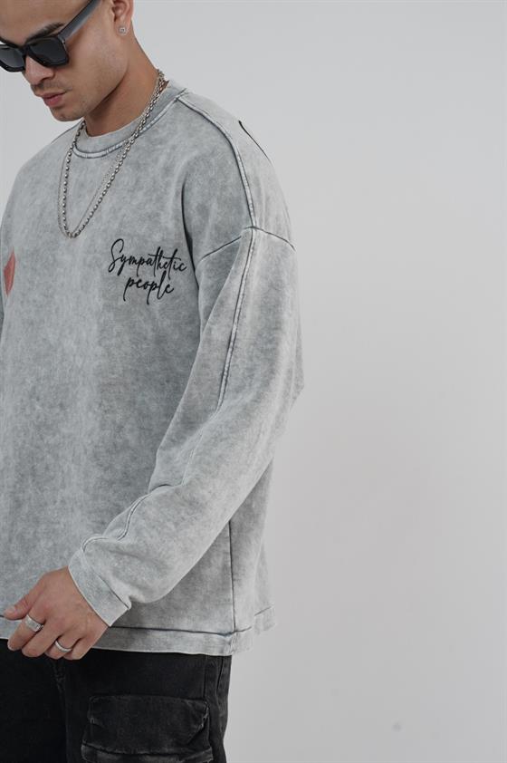 Bisiklet Yaka Ön ve Arka Basılı Yıkamalı Oversize Kalıp Unisex Sweatshirt