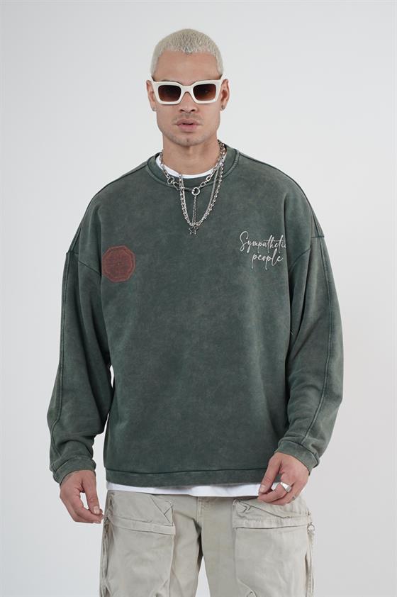Bisiklet Yaka Ön ve Arka Basılı Yıkamalı Oversize Kalıp Unisex Sweatshirt