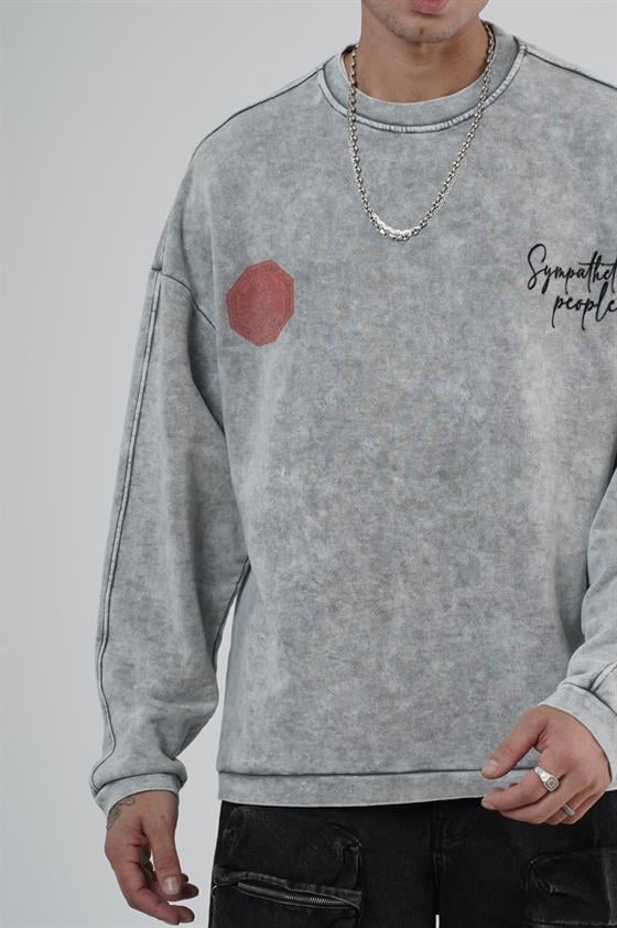 Bisiklet Yaka Ön ve Arka Basılı Yıkamalı Oversize Kalıp Unisex Sweatshirt