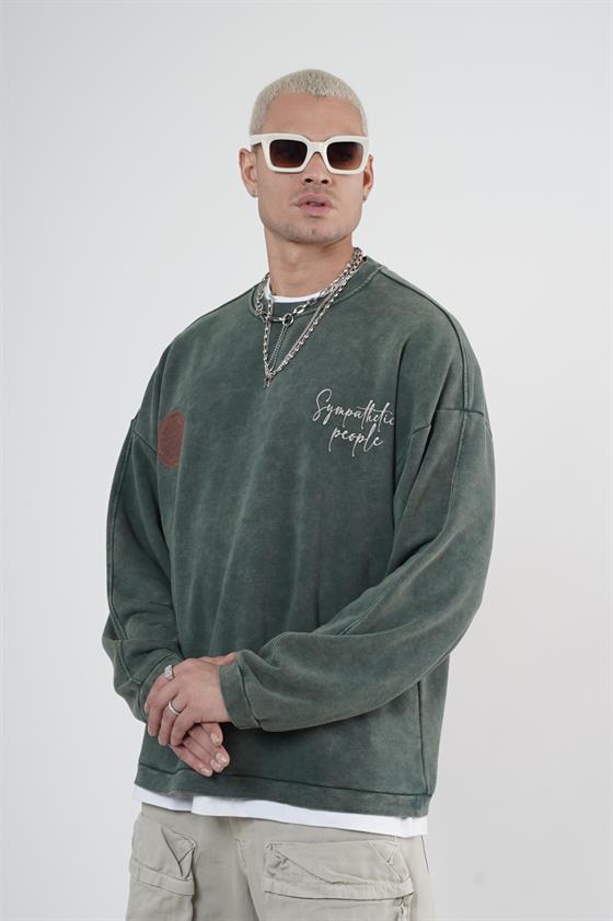 Bisiklet Yaka Ön ve Arka Basılı Yıkamalı Oversize Kalıp Unisex Sweatshirt
