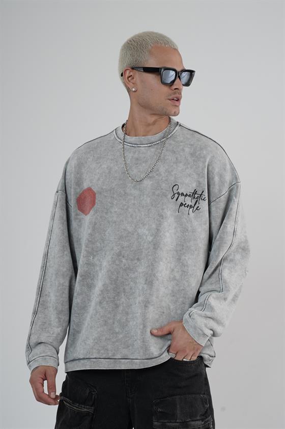 Bisiklet Yaka Ön ve Arka Basılı Yıkamalı Oversize Kalıp Unisex Sweatshirt