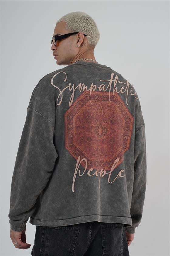 Bisiklet Yaka Ön ve Arka Basılı Yıkamalı Oversize Kalıp Unisex Sweatshirt