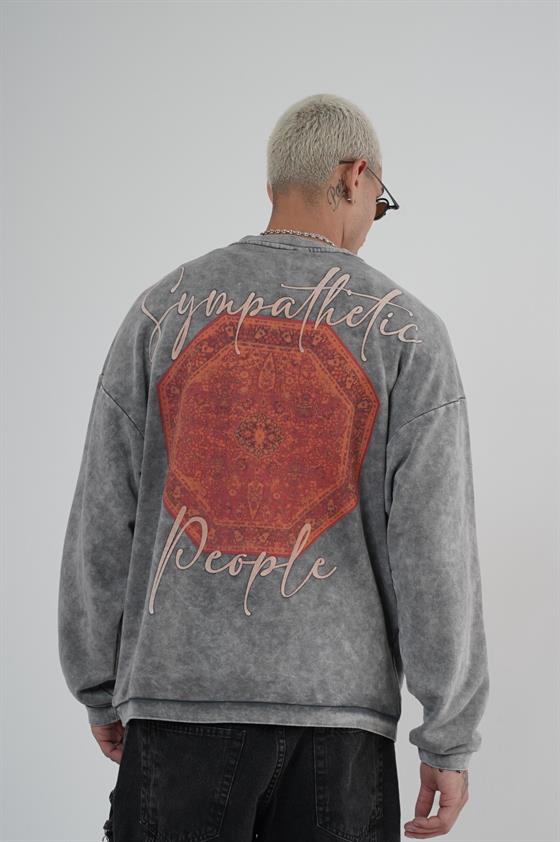 Bisiklet Yaka Ön ve Arka Basılı Yıkamalı Oversize Kalıp Unisex Sweatshirt