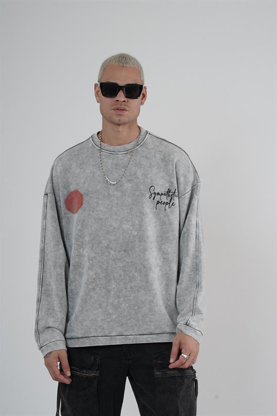 Bisiklet Yaka Ön ve Arka Basılı Yıkamalı Oversize Kalıp Unisex Sweatshirt