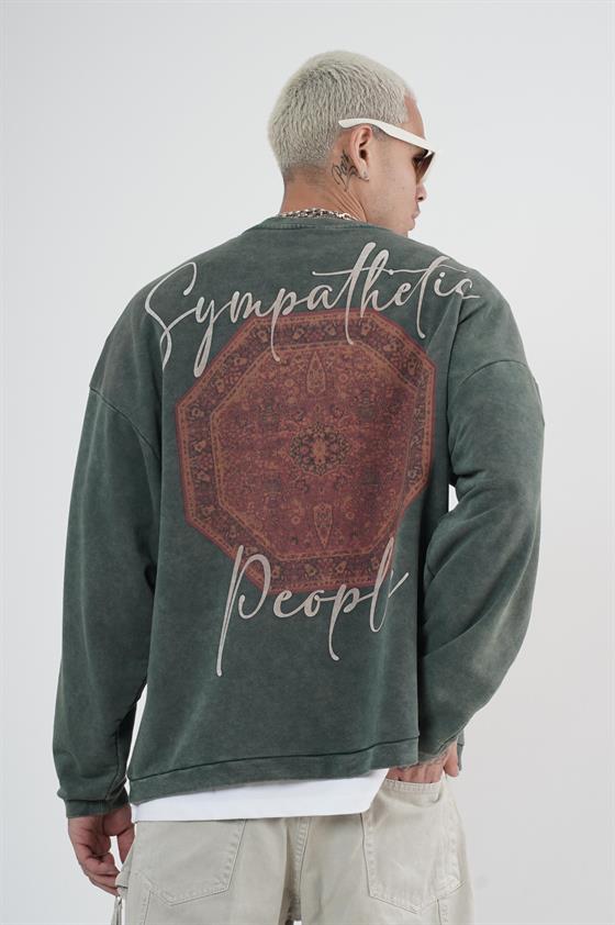 Bisiklet Yaka Ön ve Arka Basılı Yıkamalı Oversize Kalıp Unisex Sweatshirt