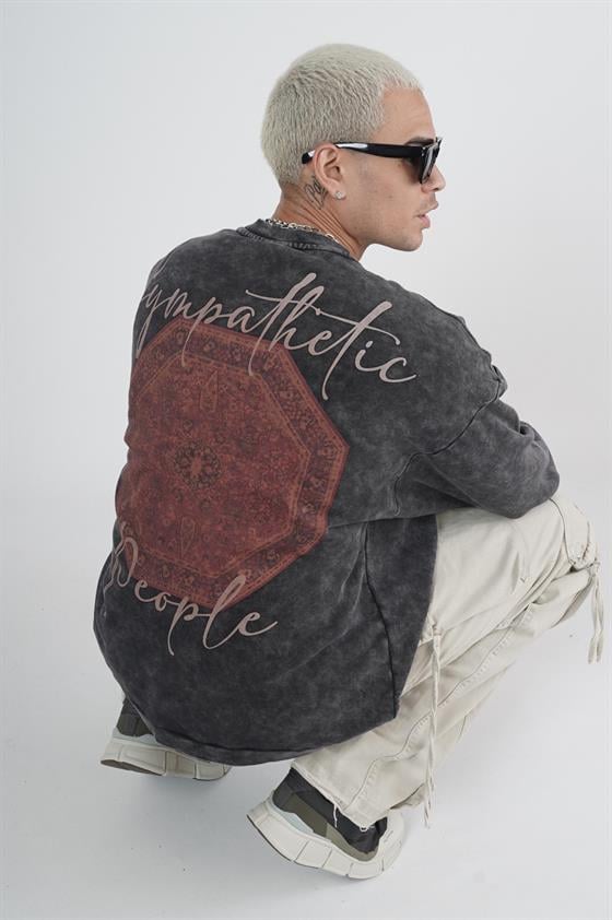 Bisiklet Yaka Ön ve Arka Basılı Yıkamalı Oversize Kalıp Unisex Sweatshirt