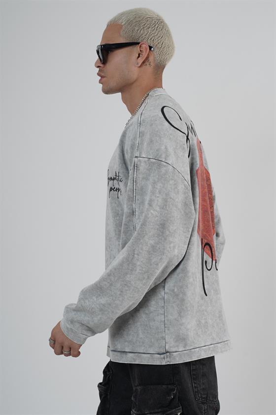 Bisiklet Yaka Ön ve Arka Basılı Yıkamalı Oversize Kalıp Unisex Sweatshirt