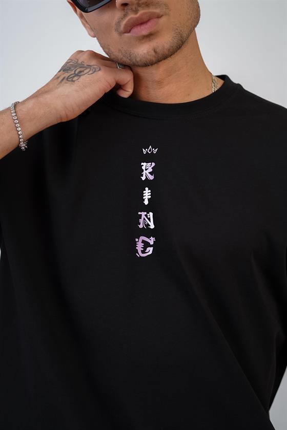Bisiklet Yaka Önü Çin Yazılı Baskılı Unisex Oversize Tişört