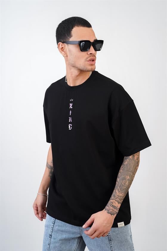 Bisiklet Yaka Önü Çin Yazılı Baskılı Unisex Oversize Tişört