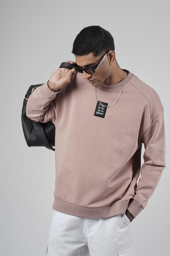 Bisiklet Yaka Önü Etiket Detaylı Oversize Basic Erkek Sweatshirt
