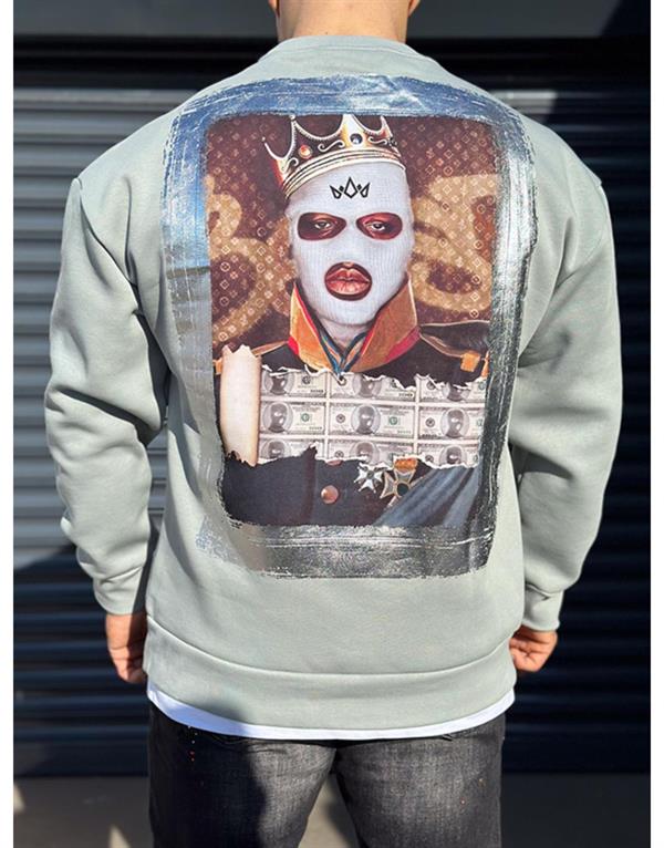Bisiklet Yaka Önü Logo Detaylı Sırtı Baskılı Ribanalı Erkek Oversize Kalıp Sweatshirt