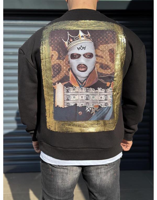 Bisiklet Yaka Önü Logo Detaylı Sırtı Baskılı Ribanalı Erkek Oversize Kalıp Sweatshirt