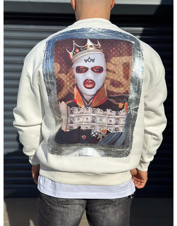 Bisiklet Yaka Önü Logo Detaylı Sırtı Baskılı Ribanalı Erkek Oversize Kalıp Sweatshirt