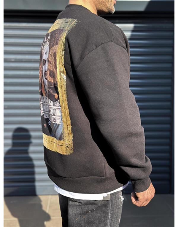 Bisiklet Yaka Önü Logo Detaylı Sırtı Baskılı Ribanalı Erkek Oversize Kalıp Sweatshirt