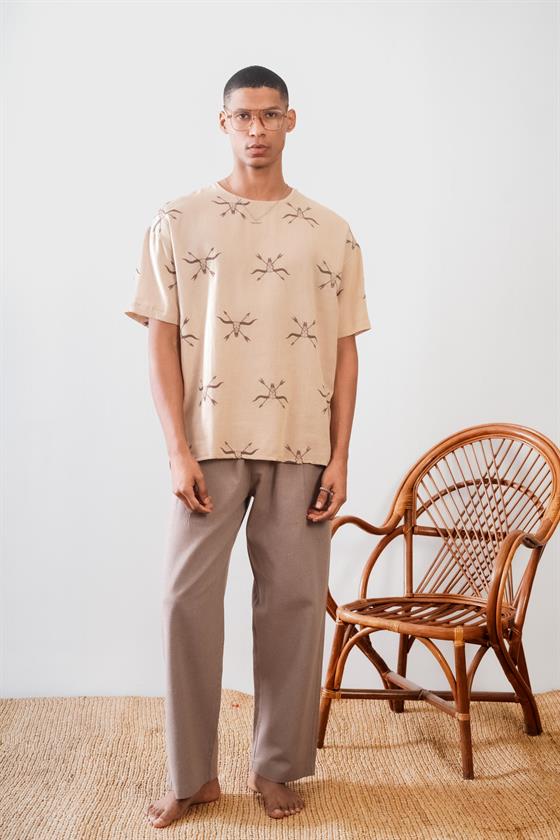 Bisiklet Yaka Oversize Kalıp Unisex Keten Tişört
