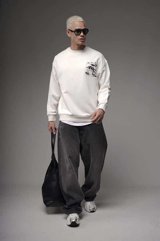 Bisiklet Yaka Sırtı Leylek Baskılı Nakışlı Oversize Kalıp Sweatshirt