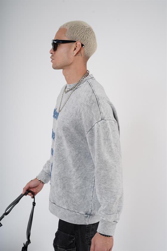 Bisiklet Yaka Yazı Nakışlı Yıkamalı Oversize Kalıp Unisex Sweatshirt