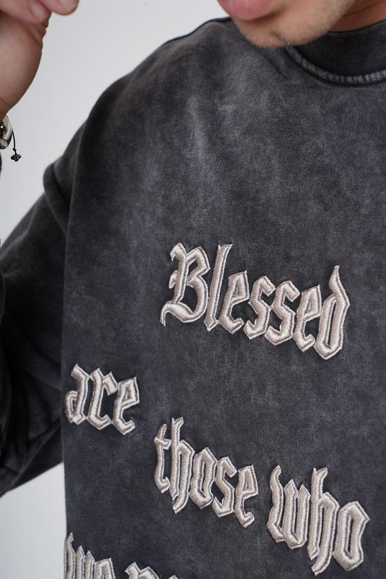 Bisiklet Yaka Yazı Nakışlı Yıkamalı Oversize Kalıp Unisex Sweatshirt