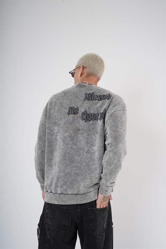 Bisiklet Yaka Yazı Nakışlı Yıkamalı Oversize Kalıp Unisex Sweatshirt