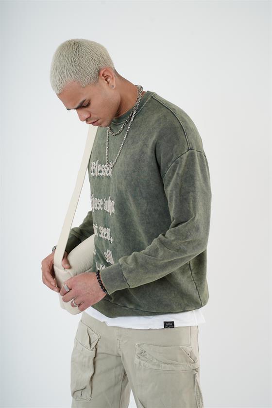 Bisiklet Yaka Yazı Nakışlı Yıkamalı Oversize Kalıp Unisex Sweatshirt