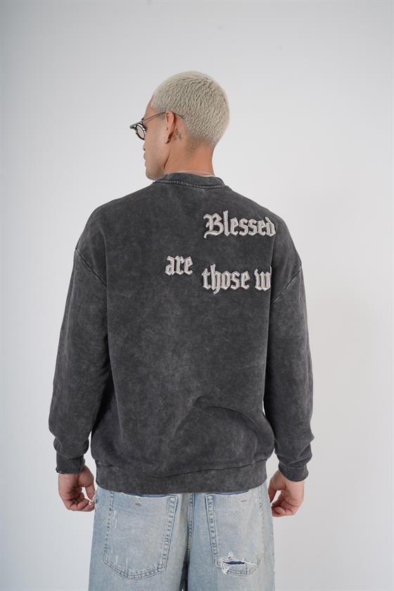 Bisiklet Yaka Yazı Nakışlı Yıkamalı Oversize Kalıp Unisex Sweatshirt