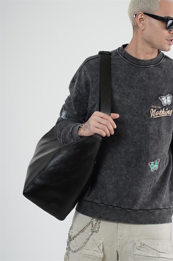 Bisiklet Yaka Yıkamalı Aplikeli Oversize Kalıp Sweatshirt