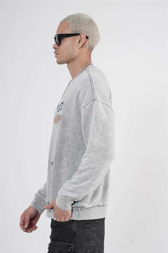 Bisiklet Yaka Yıkamalı Aplikeli Oversize Kalıp Sweatshirt