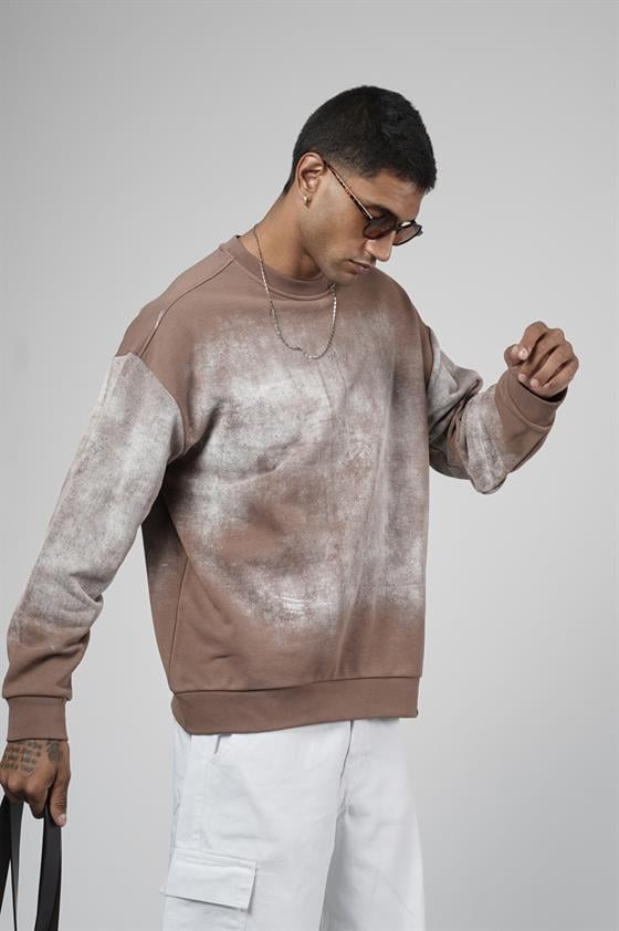 Bisiklet Yaka Yıkamalı Oversize Kalıp Logolu Sweatshirt