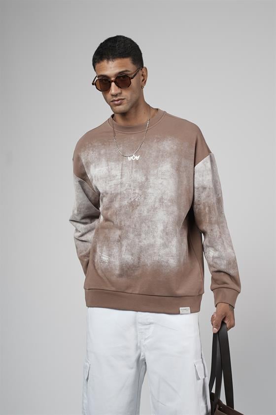 Bisiklet Yaka Yıkamalı Oversize Kalıp Logolu Sweatshirt